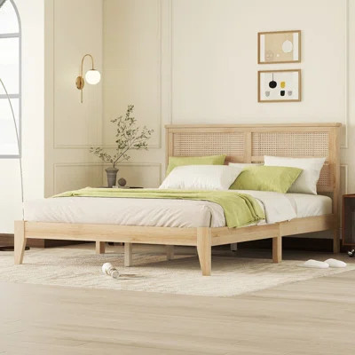 Queen Size Solid Wood Bed with Rattan Headboard and Support Feet | Wayfair North America