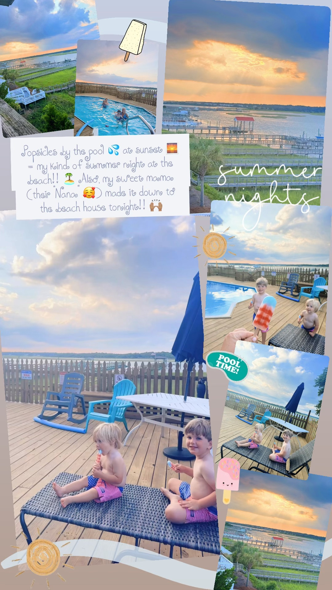 Popsicles by the pool 💦 at sunset 🌅 = my kind of summer night at the beach!! 🏝️ Also, my sweet mama (their “Nana” 🥰) made it down to the beach house tonight!! 🙌🏽