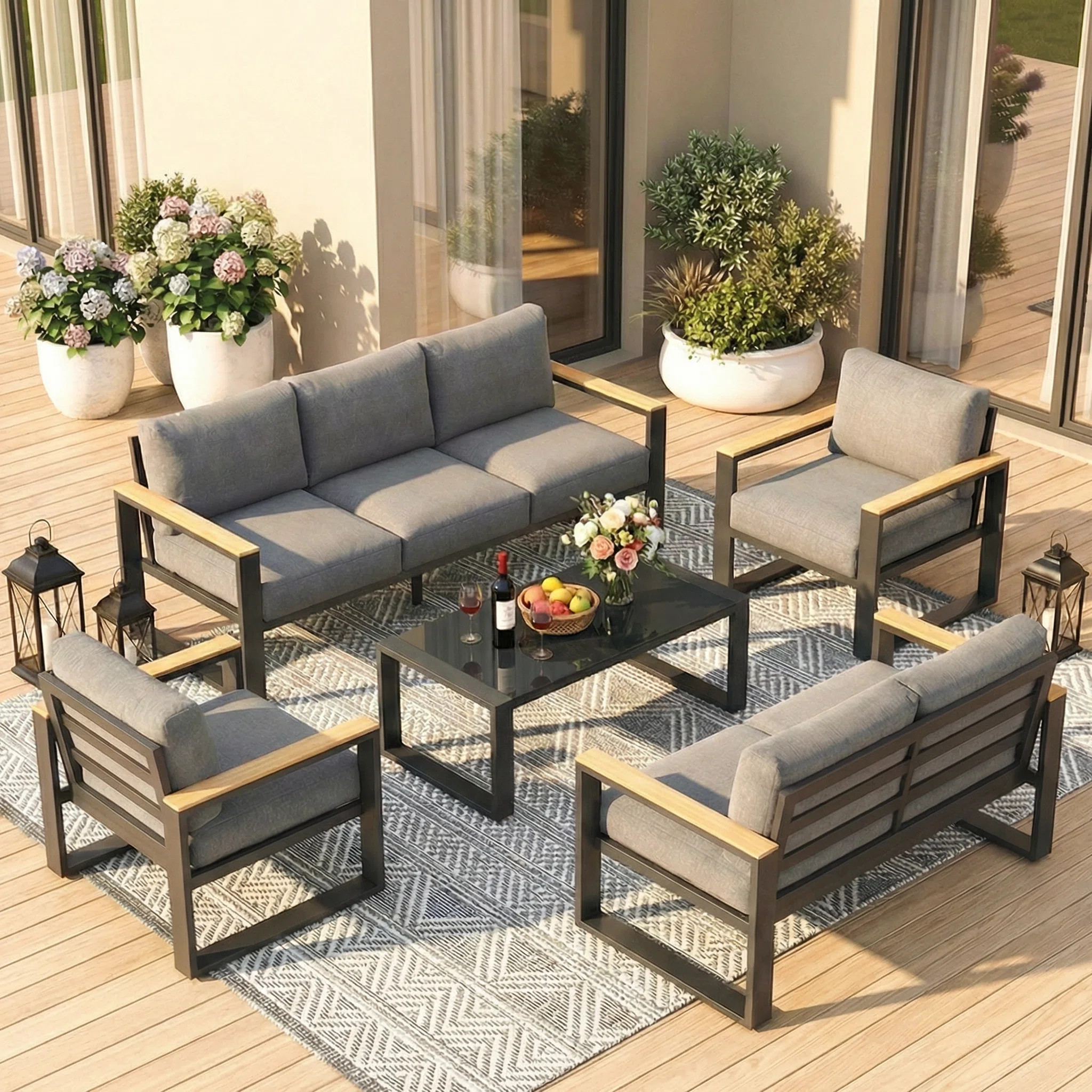 Brandtley Aluminum 7-person Outdoor Sofa Seating Group With Wood Armrest and Cushions | Wayfair North America