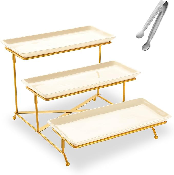 3 Tier Serving Tray for Party, Fruit Dessert Tiered Display Stand with Ivory Ceramic Tray, 12 inc... | Amazon (US)