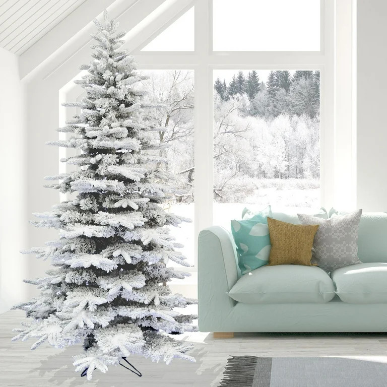 Fraser Hill Farm 6.5-Ft. Flocked Mountain Pine Christmas Tree with Clear LED String Lighting | Walmart (US)