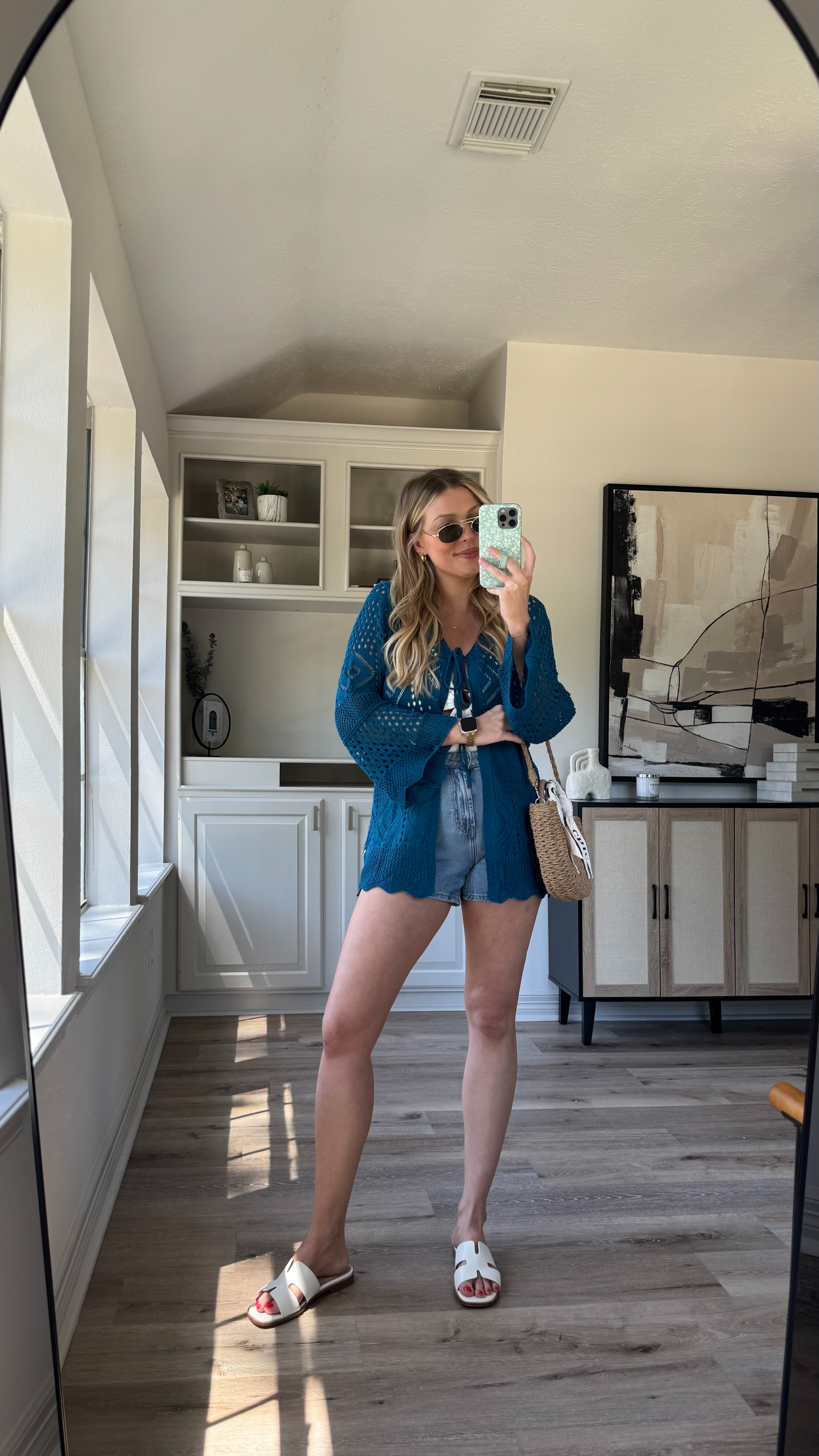 Crochet Swim Coverup | I love this swimsuit coverup, the color is gorgeous! Wearing size S in the coverup, M in the white swimsuit, size 26 in the denim shorts. Sandals fit tts.  

 

#LTKStyleTip #LTKSwim