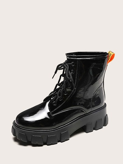 Patent Lace-up Front Lug Sole Boots | SHEIN
