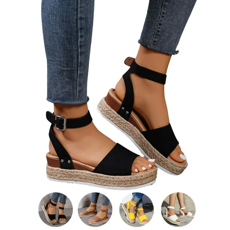 BERANMEY Open Toe Buckle Ankle Strap Espadrilles with Flatform Wedge Sandals For Women - Casual P... | Walmart (US)