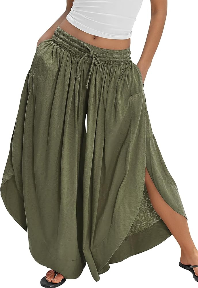 Wide Leg Pants for Women Split Side Flowy Palazzo Pants Boho Summer Beach Casual Trousers Skirt P... | Amazon (US)