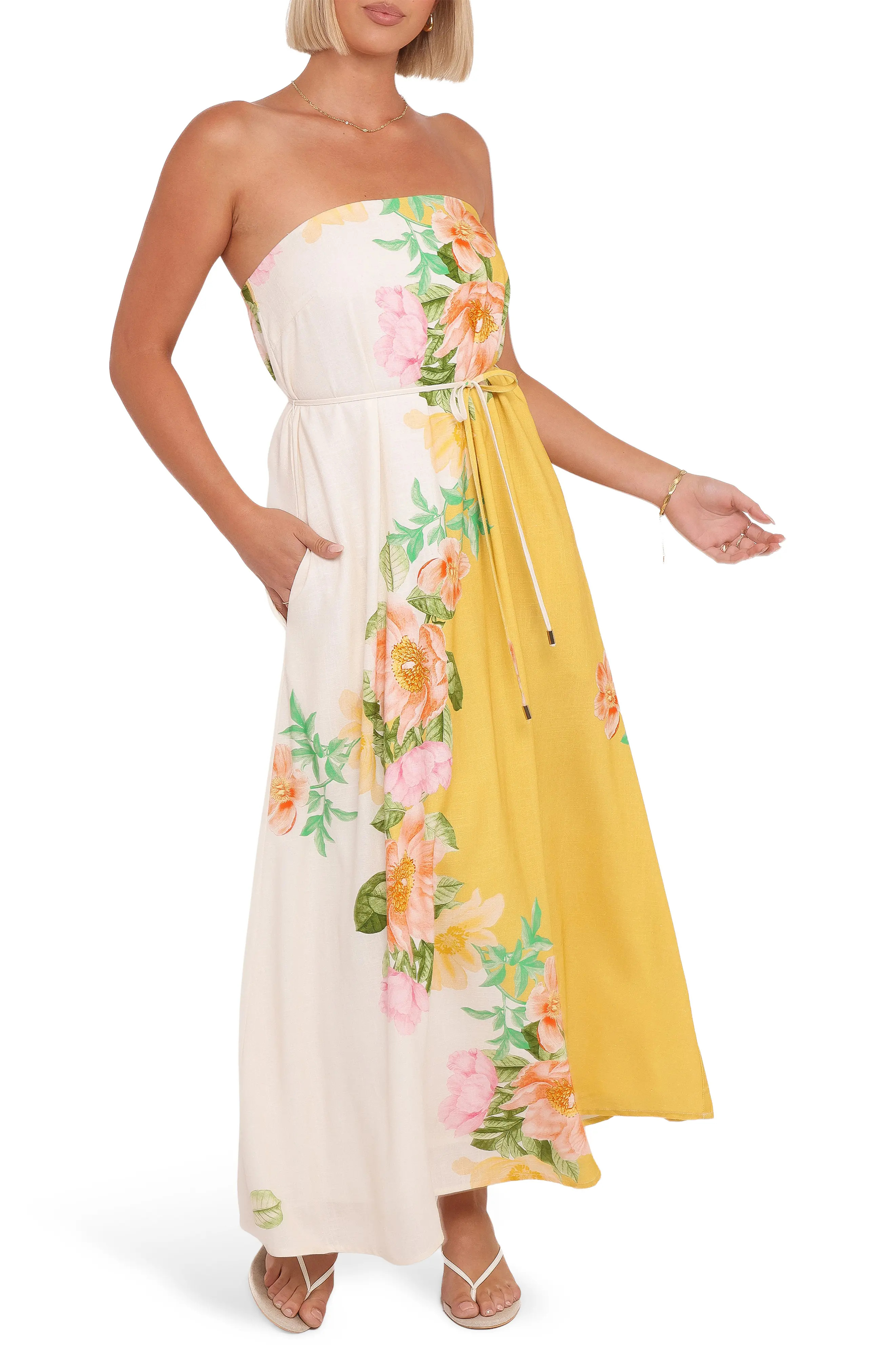 Petal & Pup Marlia Strapless Maxi Sundress in Yellow Poppy at Nordstrom, Size Medium | Nordstrom