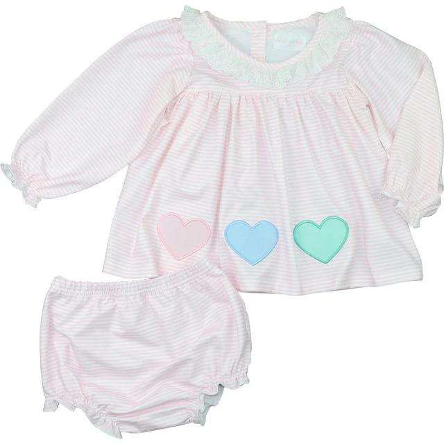 Pink Knit Striped Applique Hearts Diaper Set | Cecil and Lou