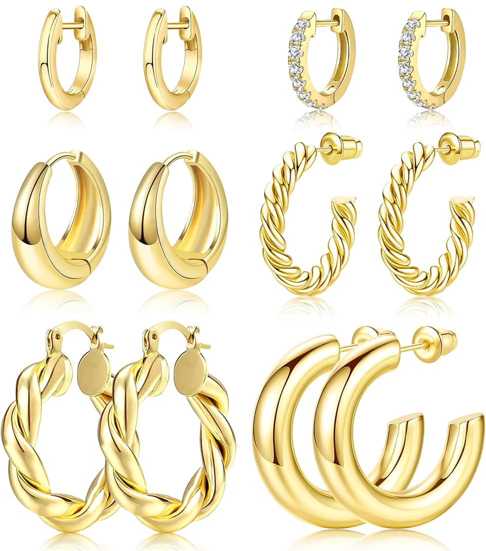 Adoyi Gold Hoop Earrings Set for Women 14K Gold Plated Chunky Hoops Twisted Huggie Hoop Earrings ... | Amazon (US)