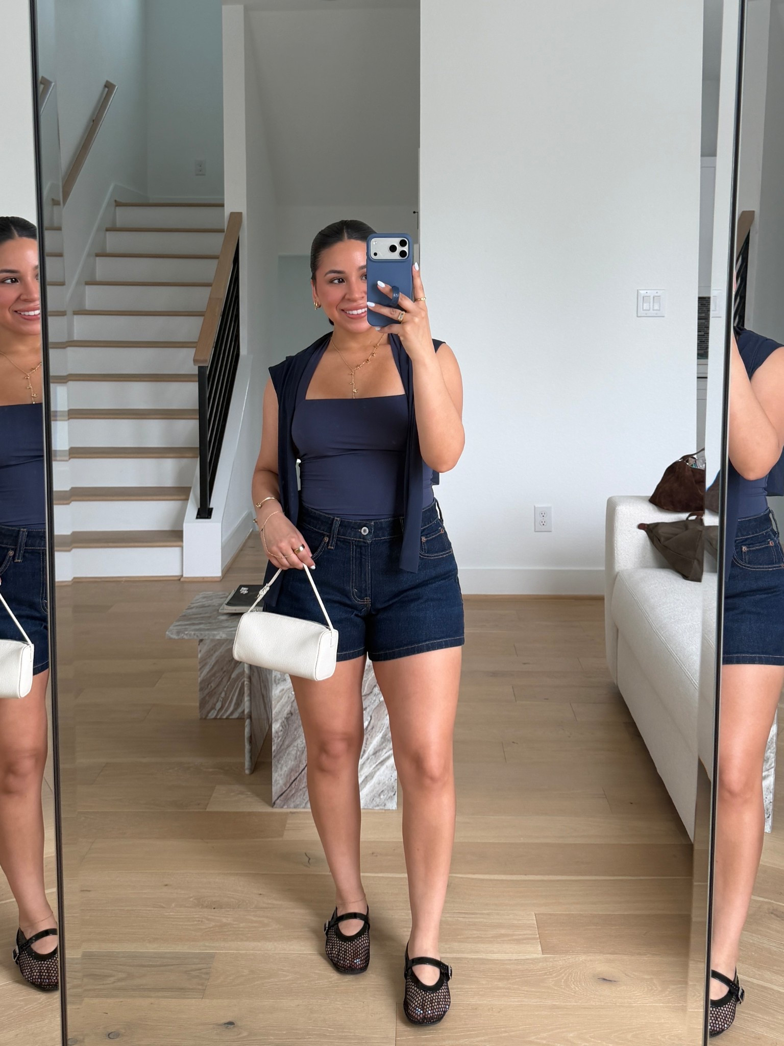 Halter tank: small
Mesh long sleeve: small
Dark wash denim shorts: 26 
Mesh flats: 6.5 
Mini white bag 
Gold name necklace 

#LTKdayinmylife #LTKootd #LTKgrwm