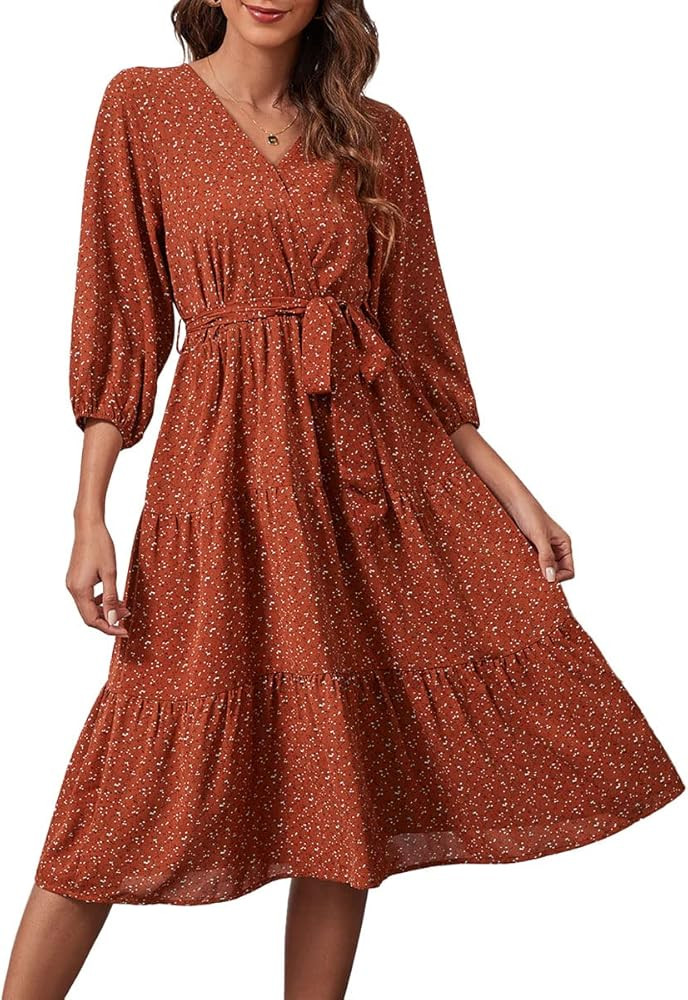Schkleier Women's Summer Fall 3/4 Sleeve V Neck Casual Flowy Party Floral Midi Dress | Amazon (US)