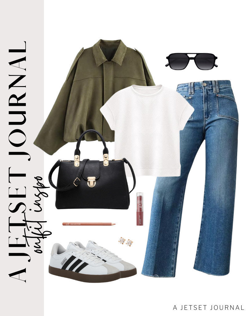 For transitional weather, a stylish outfit consists of a bomber jacket worn over a simple white tee. This look pairs perfectly with wide-leg jeans and Adidas VL Court 3.0 sneakers. You can also accessorize with a satchel handbag and trendy sunglasses for a clean look. 

 #LTKSeasonal #LTKSaleAlert #LTKTravel