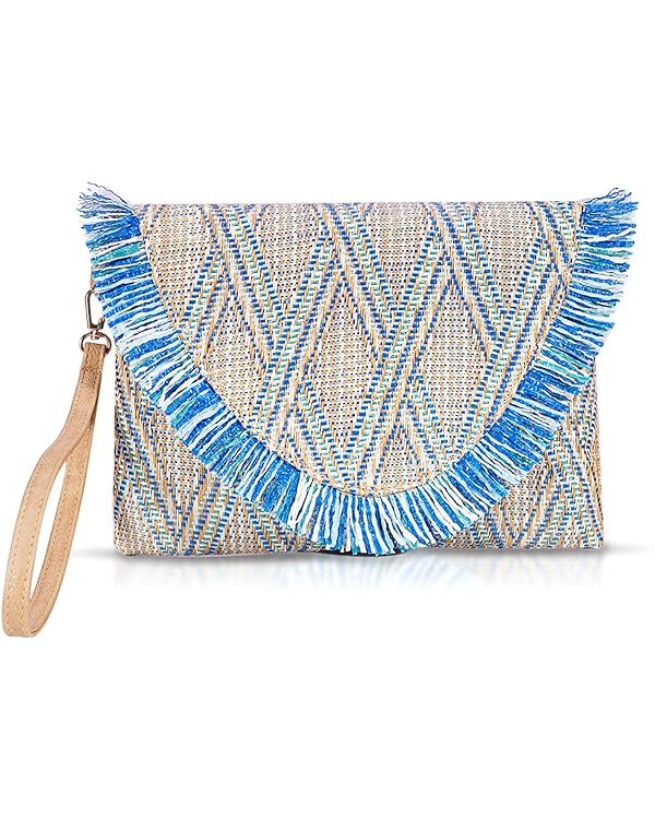 QTKJ Straw Clutch Purses, Straw Beach Bag for Women, Bohemian Handmade Woven Handbags, Tassels Su... | Amazon (US)