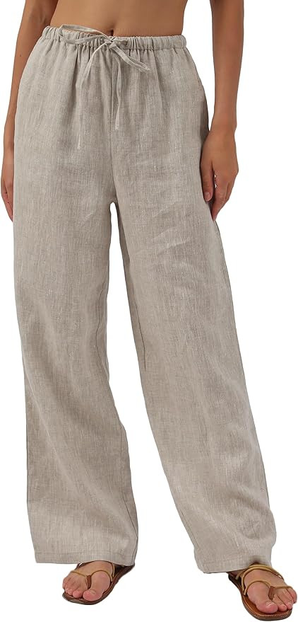 Amazhiyu Womens Pure Linen Summer Drawstring Flowy Wide Leg Pants with Pockets | Amazon (US)