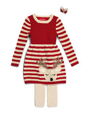 Girls Reindeer Sweater Dress With Tights And Hair Clip | TJ Maxx