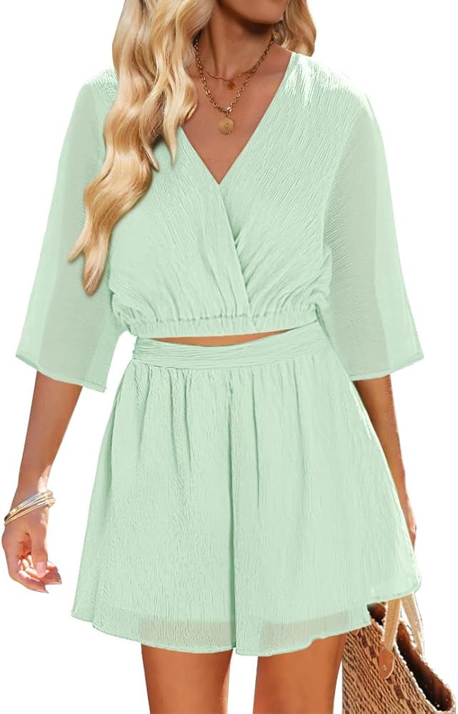 Vetinee 2 Piece Outfits for Women Summer Textured Crop Tops and Elastic Wasit Flowy Shorts Skort ... | Amazon (US)