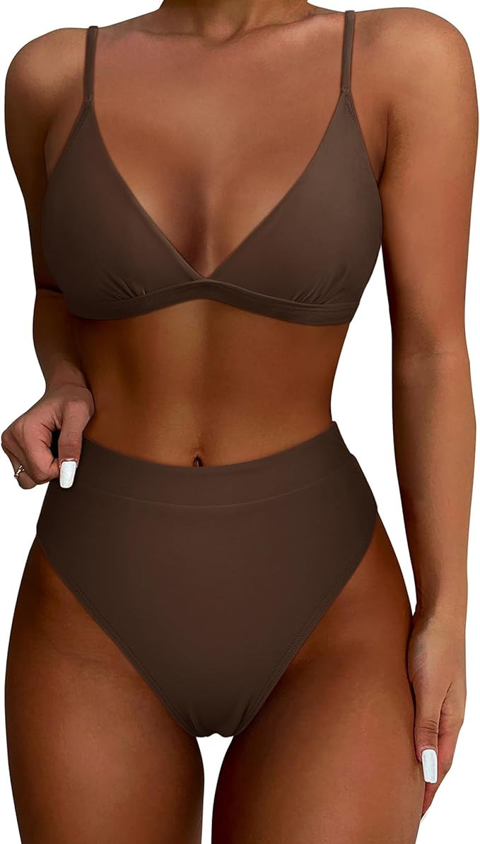 SUUKSESS Women Sexy High Waisted 2 Piece Bikini Sets Triangle High Cut Swimsuits | Amazon (US)