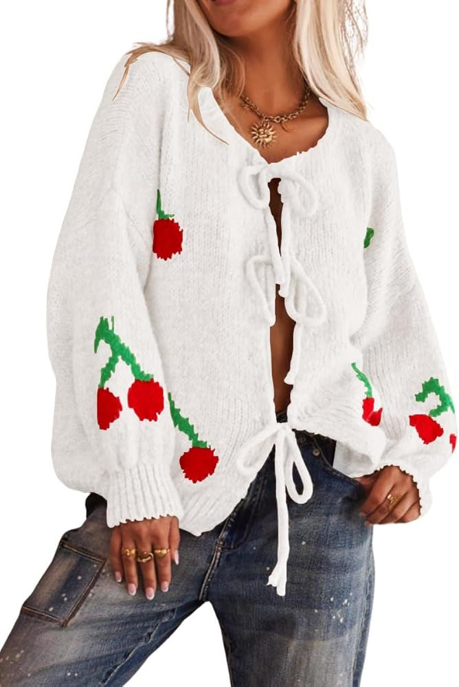 chouyatou Women's Cute Y2K Cherry Tie Knot Cardigan Casual Loose Crewneck Chunky Knit Sweater Car... | Amazon (US)