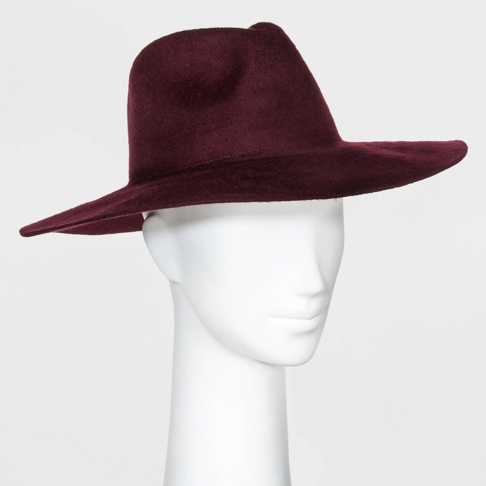 Women's Brushed Wide Brim Felt Fedora Floppy Hat - A New Day Burgundy One Size, Red | Target