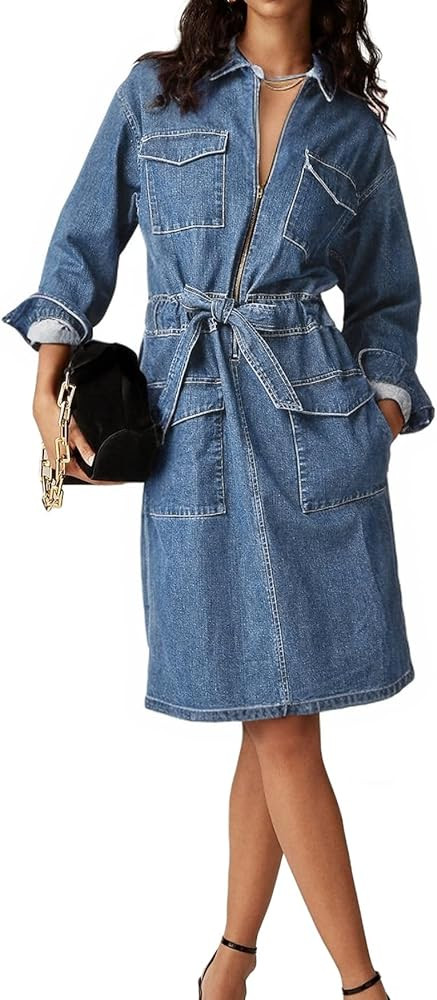 Women's Denim Dress Long Sleeve Lapel V Neck Elastic Waist Zipper Up Jean Short Dress with Belt | Amazon (US)