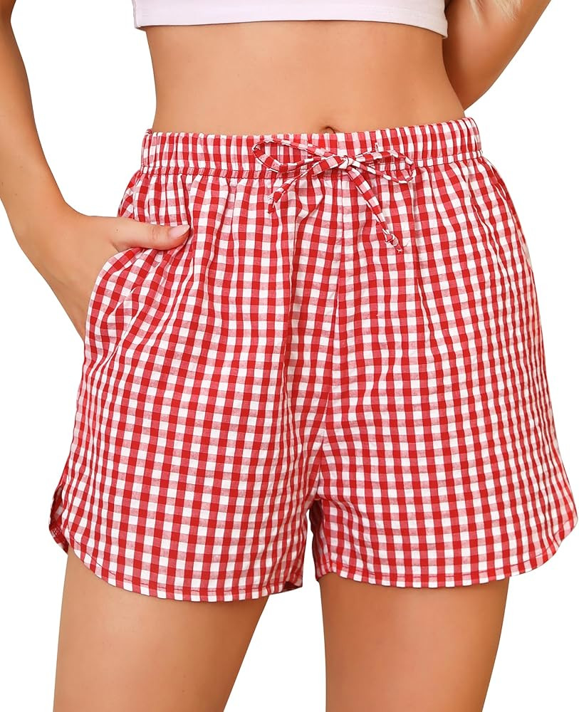 Vlazom Women's Sleep Shorts Cute Plaid Pajamas Shorts Soft Elastic Pajama Bottoms Boxer Shorts Sl... | Amazon (US)