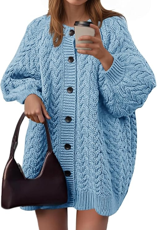 Saodimallsu Womens Cable Knit Cardigans Oversized Chunky Button Down Long Lantern Sleeve Crew Nec... | Amazon (US)
