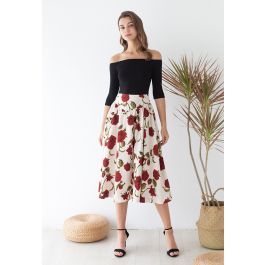 Serene Red Rose Embossed Flare Midi Skirt | Chicwish