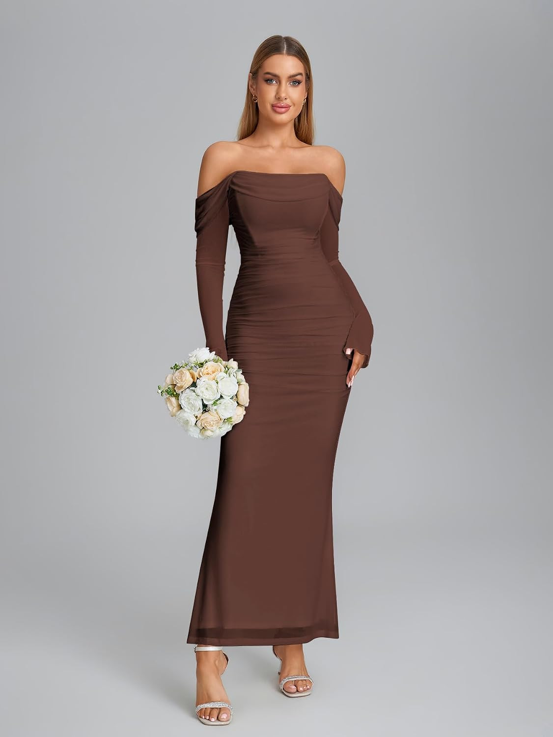 Off Shoulder Long Sleeve Corset Formal Wedding Guest Maxi Dress | Amazon (US)