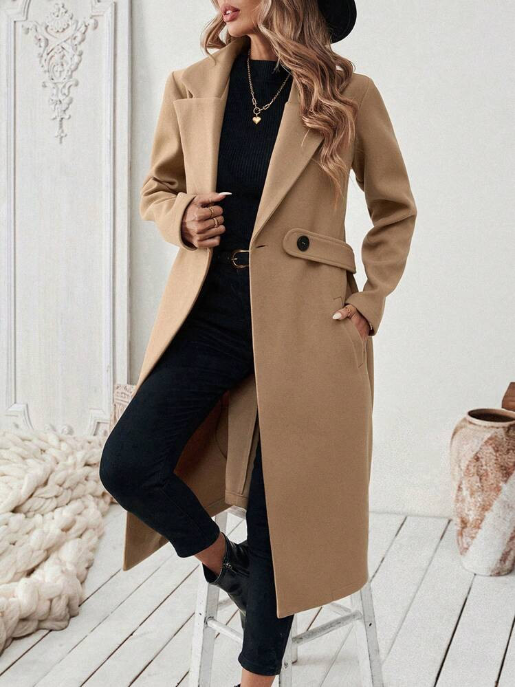 Calvaya Autumn/Winter Casual Notched Collar Camel-Color Belted Coat Fall Cloth For Women | SHEIN