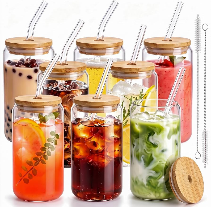 16 Oz Drinking Glasses - 8 Pcs Glass Cups with Bamboo Lids and Straws | Amazon (US)