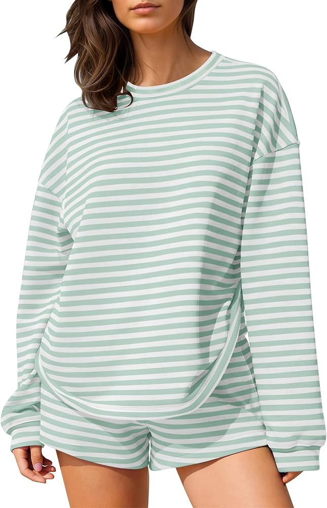 MISSACTIVER Women's Striped Lounge Set Long Sleeve Tee Shirts Drawstring Wide Leg Shorts Matching... | Amazon (US)
