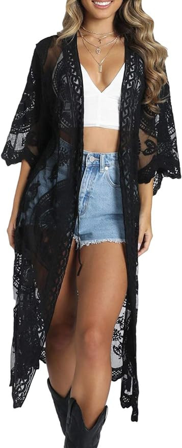 Bsubseach Women Mesh Cardigan Bikini Beach Kimono Open Front Swimsuit Cover Ups Swimwear | Amazon (US)