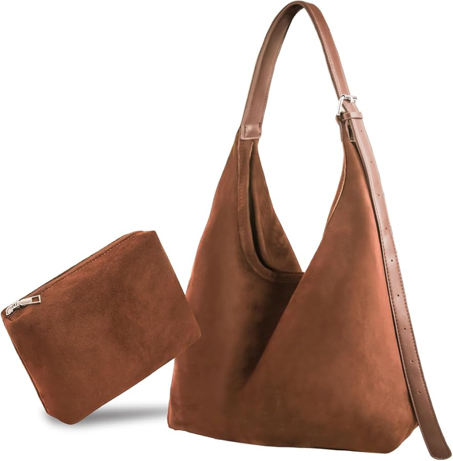 2PCS Brown Suede Bags for Women - Trendy Adjustable Strap Hobo Tote Shoulder Handbag, Fall Winter... | Amazon (US)