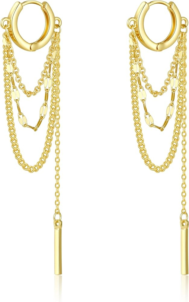 14K Gold Plated Chain Hoop Earrings Dangle Long Earrings for Women Trendy Tassel Chain Huggie Dan... | Amazon (US)