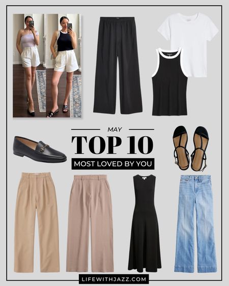 My top 10 bestsellers for May: 

- Abercrombie pieces are 15% off (+an additional 15% using the code: DRESSFEST) this weekend! 

1. Abercrombie Sloane tailored shorts - on sale 
2. Abercrombie Sloane tailored pants - available in multiple colors + lengths,  on sale 
3. Abercrombie Harper tailored pants - available in multiple colors + lengths, have a wider leg + a crepe fabric compared to the Sloane tailored pants (more of an elevated look) 
4. Jcrew denim trousers - classic wide leg jeans for the office, available in 6 washes, I got it in the petite length to wear it with a shorter heel (I’m 5’4”)  
5. Nordstrom sleeveless cotton dress - bump-friendly, available in 3 colors, under $75
6. Madewell pull-on wide-leg pant - I have last year’s version, I love how comfortable and soft it is + it has an elegant flow to it 
7. Madewell bev t-strap sandal - great minimal sandals with a strap for support, some minimal padding, runs narrow 
8. Abercrombie tank - stretchy, comfortable, available in a few colors, on sale 
9. Nordstrom Pima cotton tee - great workwear staple, easy to to tuck-in 
10. Sam Edelman loafers - tts, comfortable, other colors are on sale 

#LTKWorkwear #LTKSaleAlert