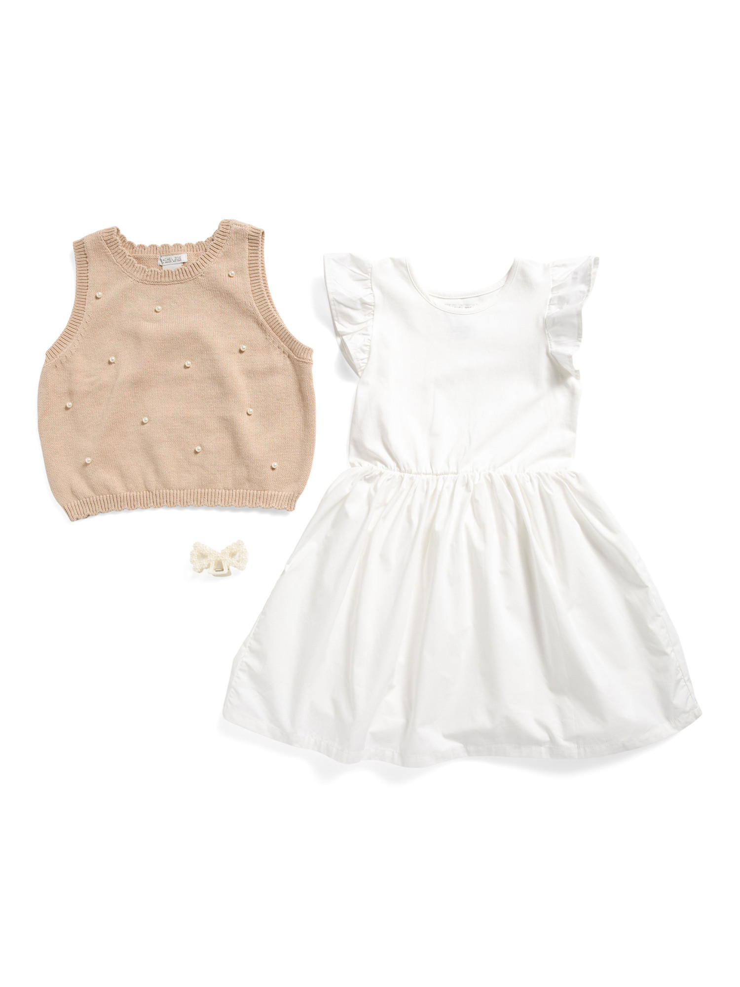 Girls 2pc Flutter Sleeve Dress And Sweater Overlay Set With Hair Clip | Marshalls