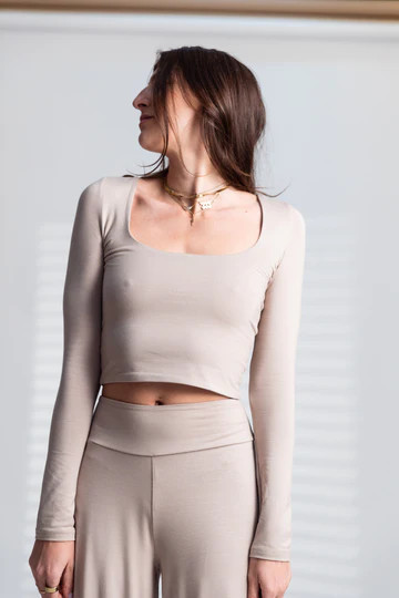 Butter Square Neck Crop Long Sleeve in Latte | waverles