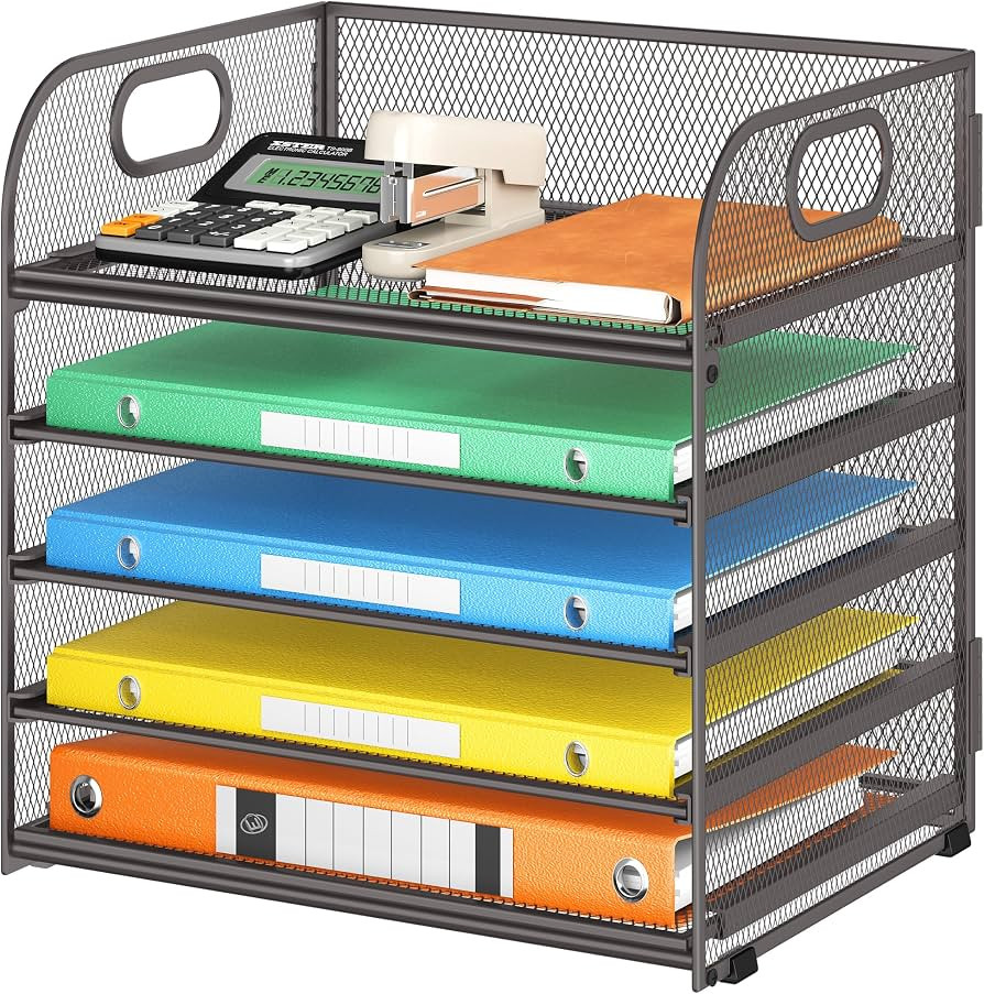 5 Tray Desk File Organizer, Mesh Paper Sorter Letter Tray Organizer with Handle, Desktop File Org... | Amazon (US)
