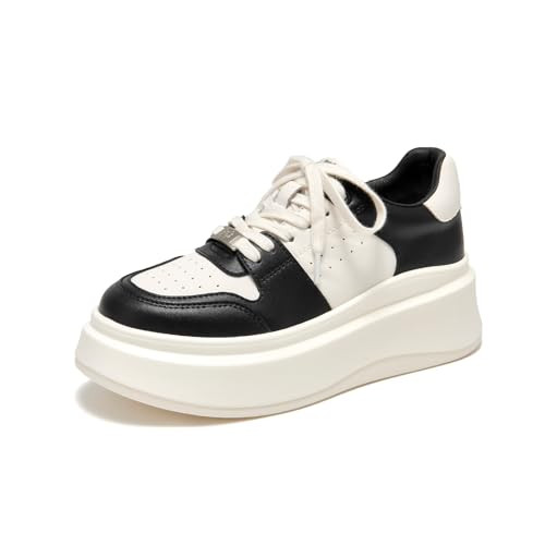 BEAU TODAY Platform Sneakers for Women Classic Leather Walking Tennis Shoes Fashion Comfortable Lace Up Fashion Casual Shoes for Most Occasion Black-White US 5 | Amazon (US)