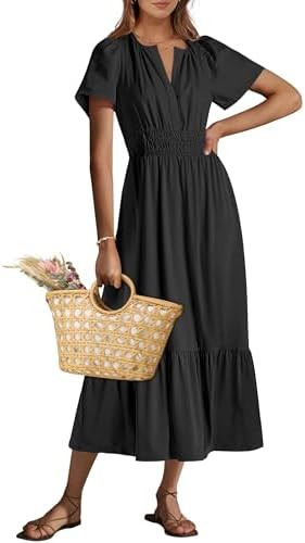 ANRABESS Women's Summer Short Sleeve Maxi Dress 2026 Casual V Neck High Waist A-Line Flowy Loose ... | Amazon (US)