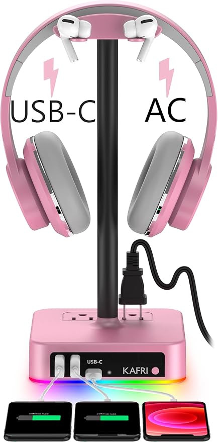 KAFRI RGB Headphone Stand with USB Charger Desk Gaming Headset Holder Hanger Rack with 3 USB Char... | Amazon (US)