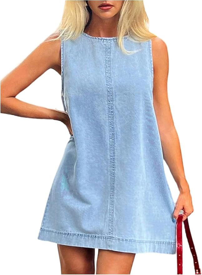 Milumia Women's A-Line Sleeveless Crew Neck Denim Dress Loose Casual Mini Jean Dresses | Amazon (US)