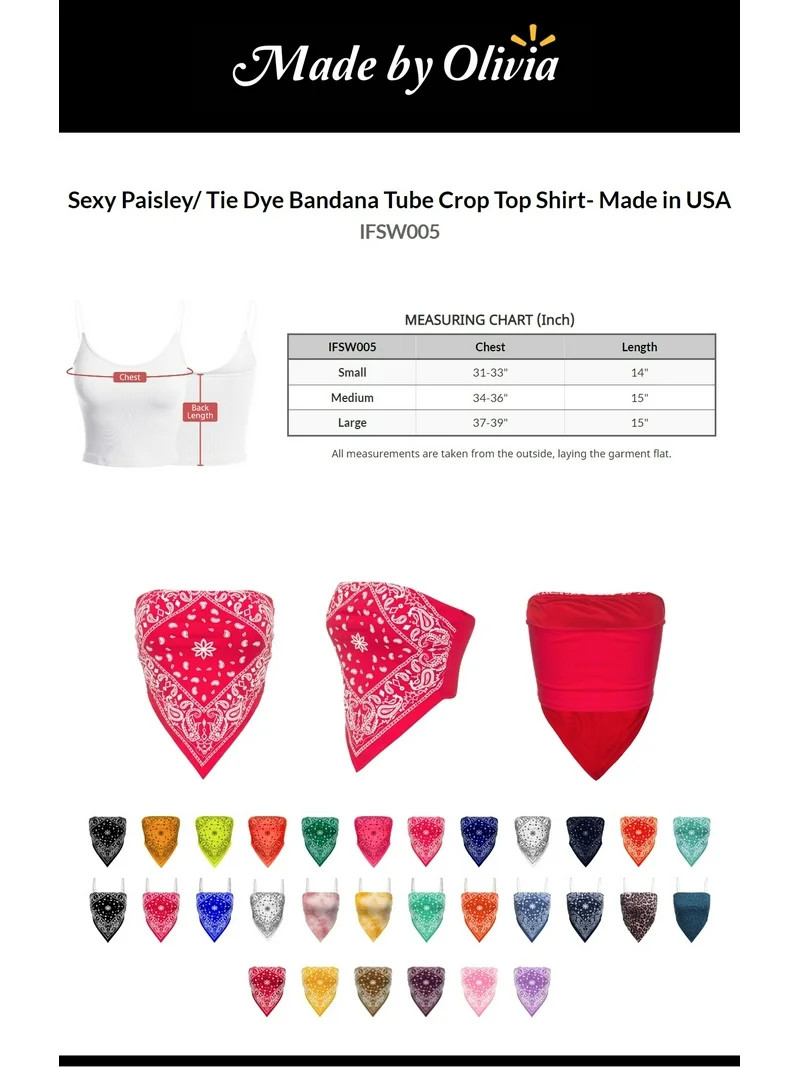Made by Olivia Women's Sexy Paisley/ Tie Dye Bandana Tube Crop Top Shirt- Made in USA | Walmart (US)