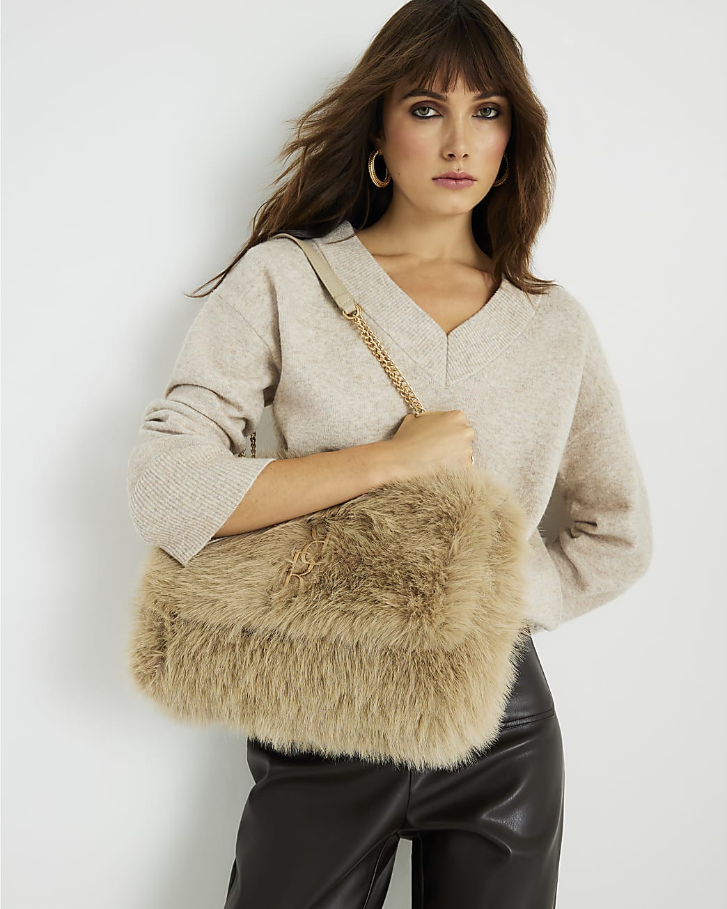 Brown Logo Faux Fur Shoulder Bag | River Island UK & IE