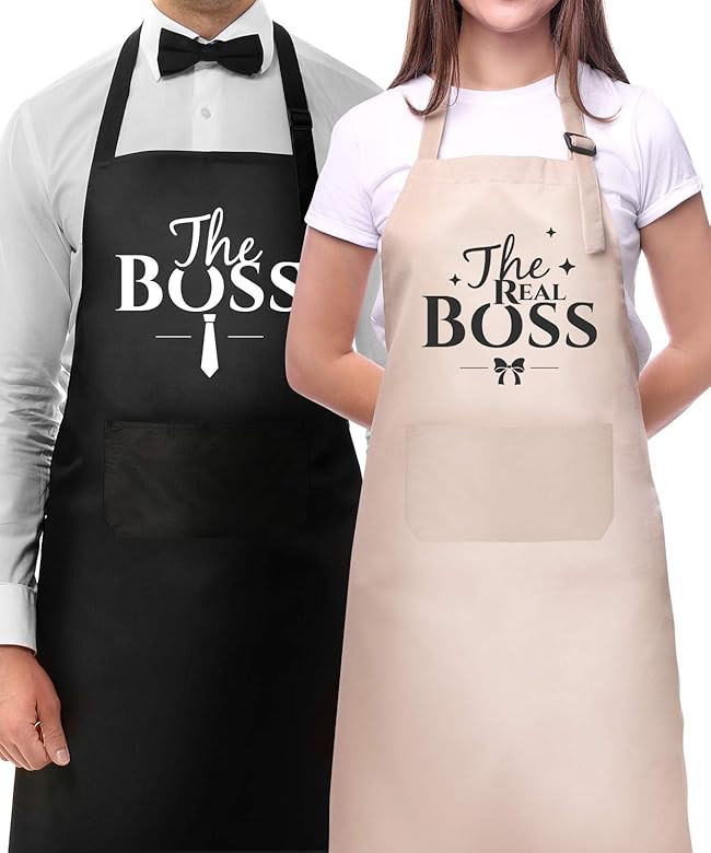 Couple Aprons for Cooking-The Boss The Real Boss Apron Set Funny Adjustable Baking Aprons His and... | Amazon (US)