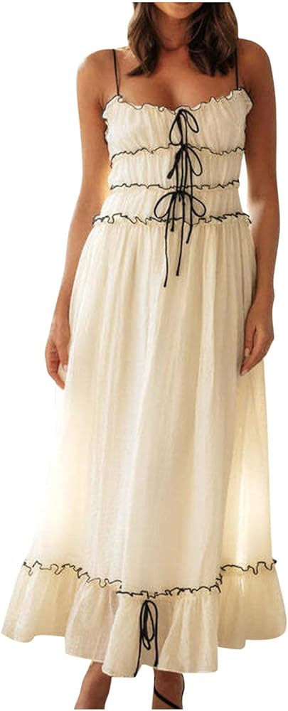 Womens Pleated Flowy Long Dress Belted A-Line Dress Summer Vacation Beach Long Dress Wedding Gues... | Amazon (US)