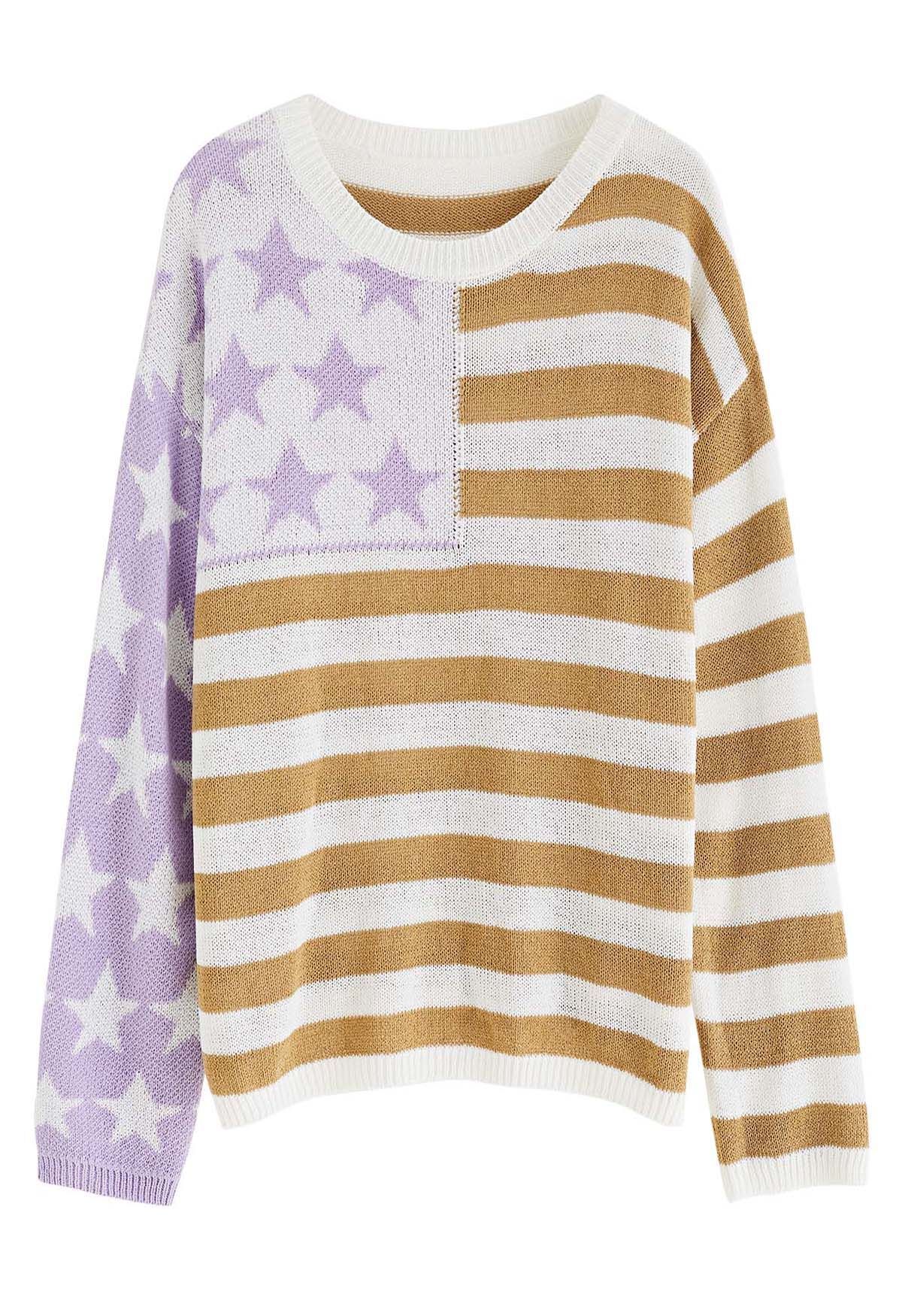 The Stars and The Stripes Printed Knit Sweater in Tan | Chicwish