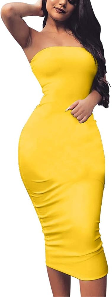 BORIFLORS Women's Basic Sleeveless Tube Top Sexy Strapless Bodycon Midi Club Dress | Amazon (US)