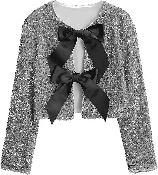 Women Tie-Front Sequined Jacket Long Sleeve Sparkling Cropped Top with Bow Party Concert Night | Amazon (US)