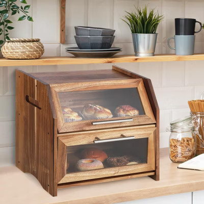 Bread Box, Double Layer Acacia Wooden Bread Bin with Clear Acrylic Door Panel, Air Vents, Countertop Bread Container, Rustic Brown Bread Holder | Target