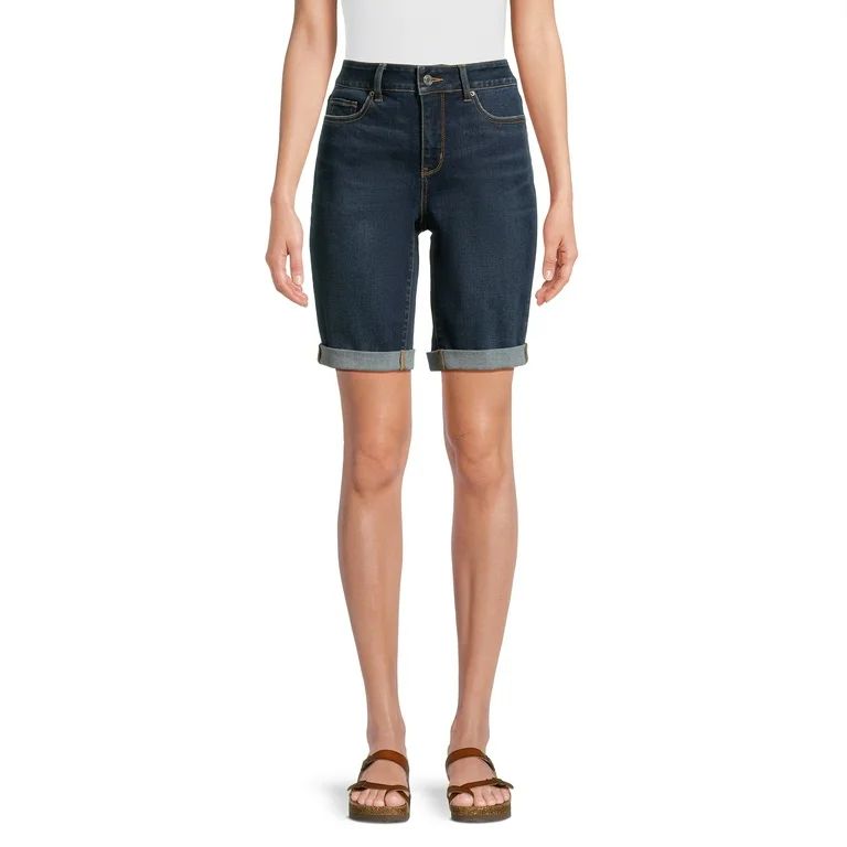 Time and Tru Women's Double Rolled Cuff Denim Bermuda Shorts, 10” Inseam, Sizes 2-20 | Walmart (US)